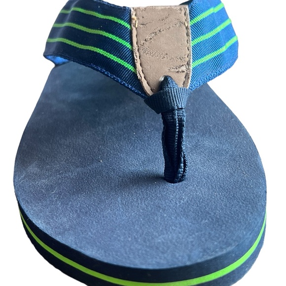Navy Blue And Green Stripe Ribbon Flip Flop Sandals - Picture 2 of 11